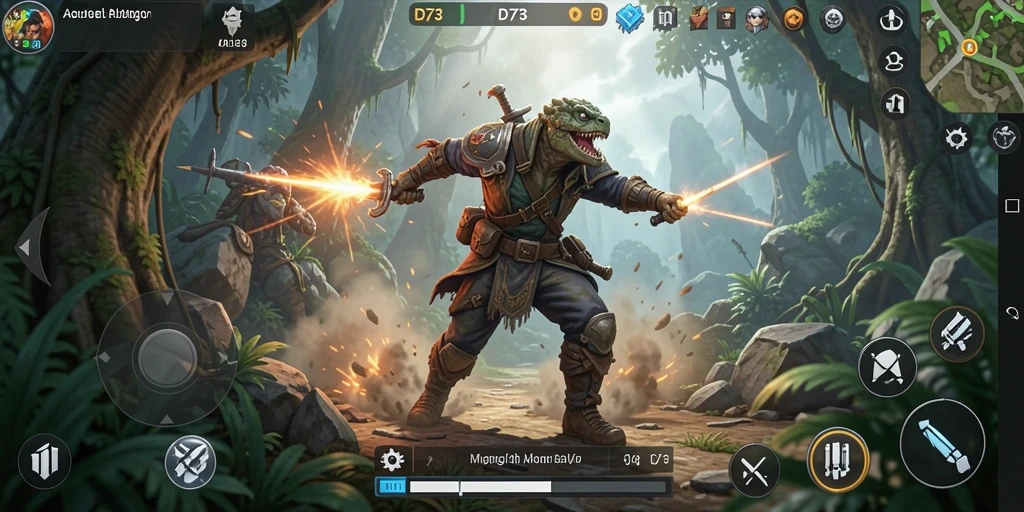 Tangkapan layar utama D73 menampilkan aksi seru dari gameplay.
