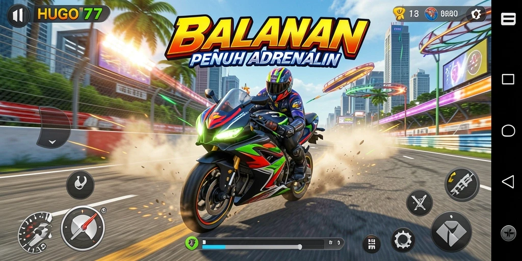Screenshot HUGO77 menampilkan aksi balap motor yang mendebarkan.